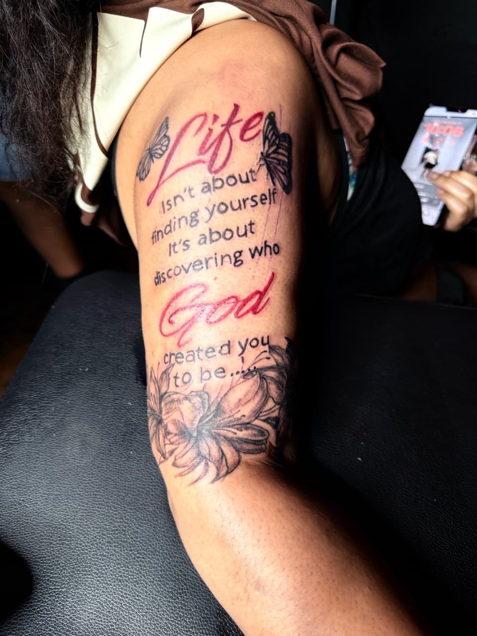 Lettering + Script quote tattoo on Upper Arm by Chris_Brooks on TattMe