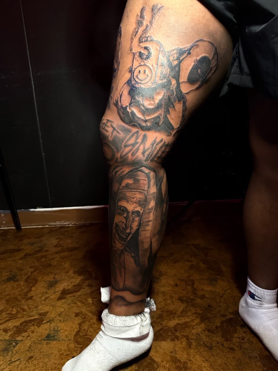 Black & Grey + Illustrative deadpool tattoo on Calf by Chris_Brooks on TattMe