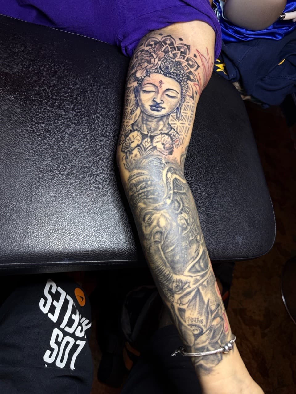 Black & Grey + Illustrative buddha tattoo on Full Sleeve by Chris_Brooks on TattMe