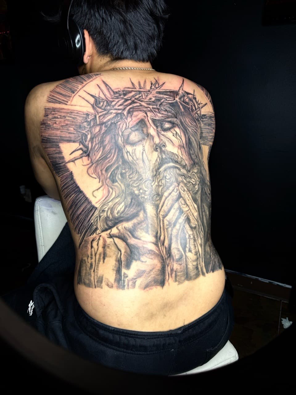 Black & Grey + Realism jesus tattoo on Upper Back by Chris_Brooks on TattMe