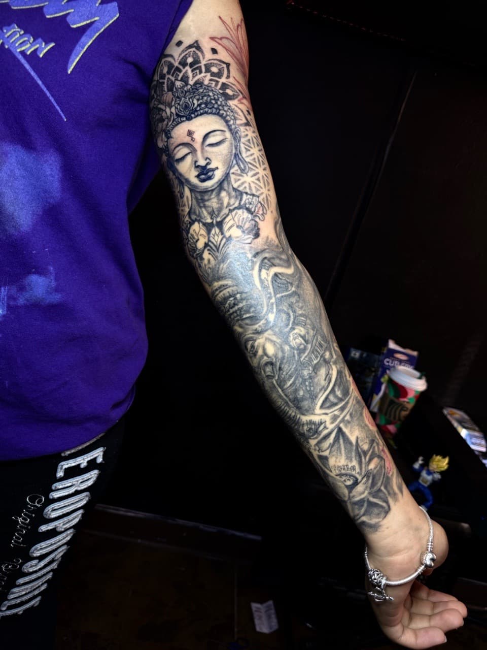 Black & Grey + Mandala buddha tattoo on Full Sleeve by Chris_Brooks on TattMe