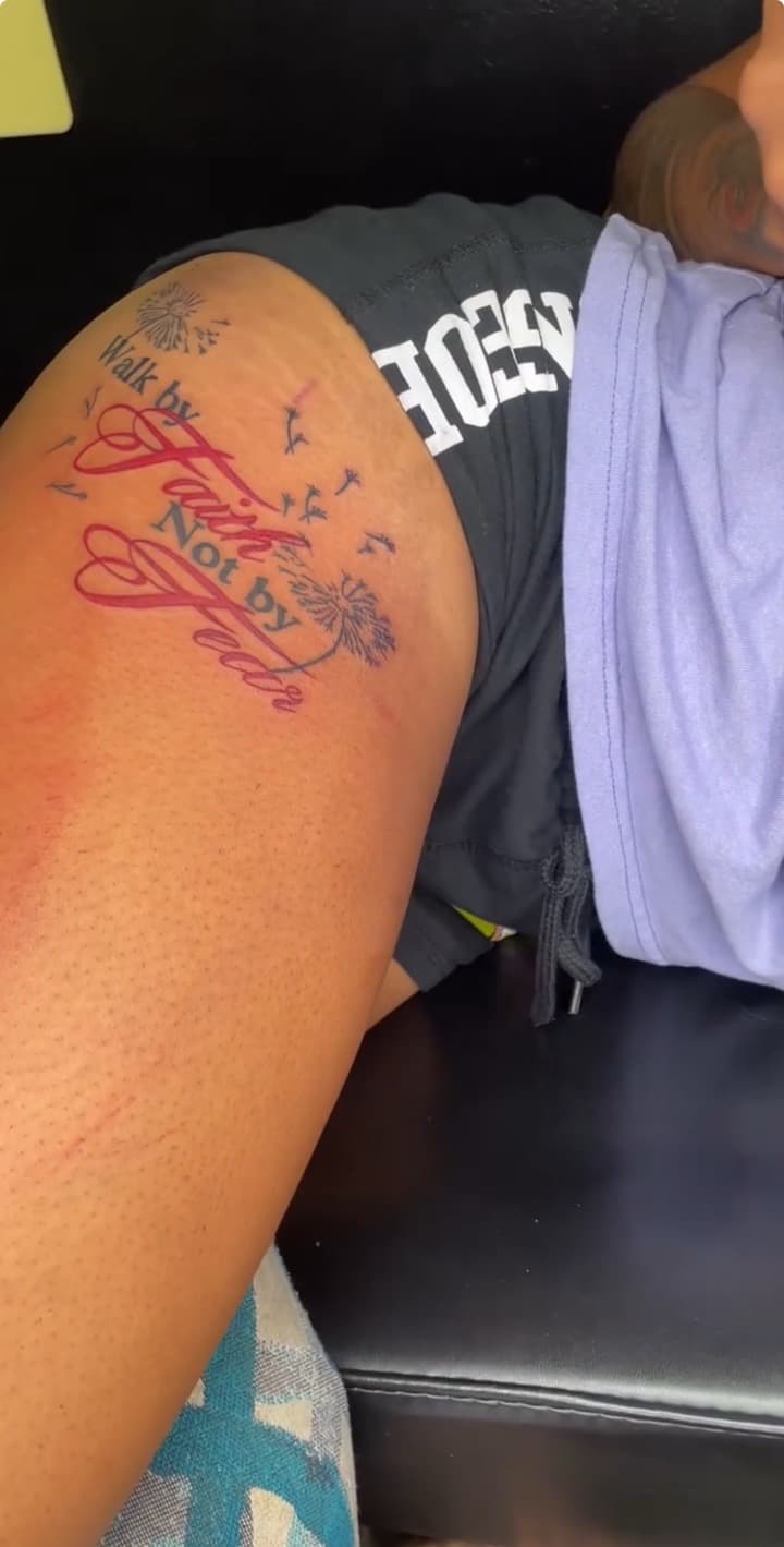 Lettering + Script dandelion tattoo on Thigh by Chris_Brooks on TattMe