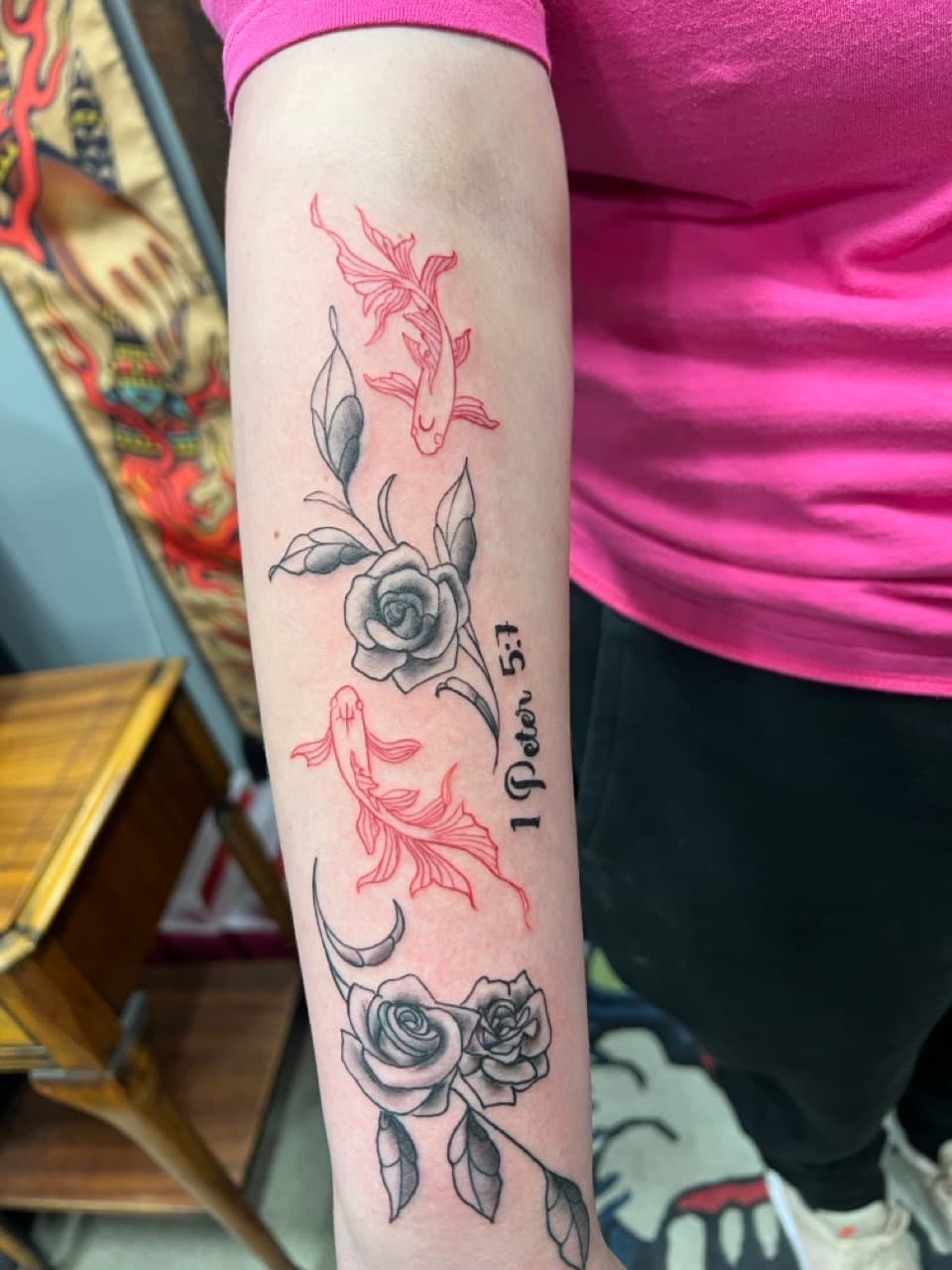 Fine Line + Black & Grey koi fish tattoo on Forearm by Matt_Mason_Tattoos on TattMe
