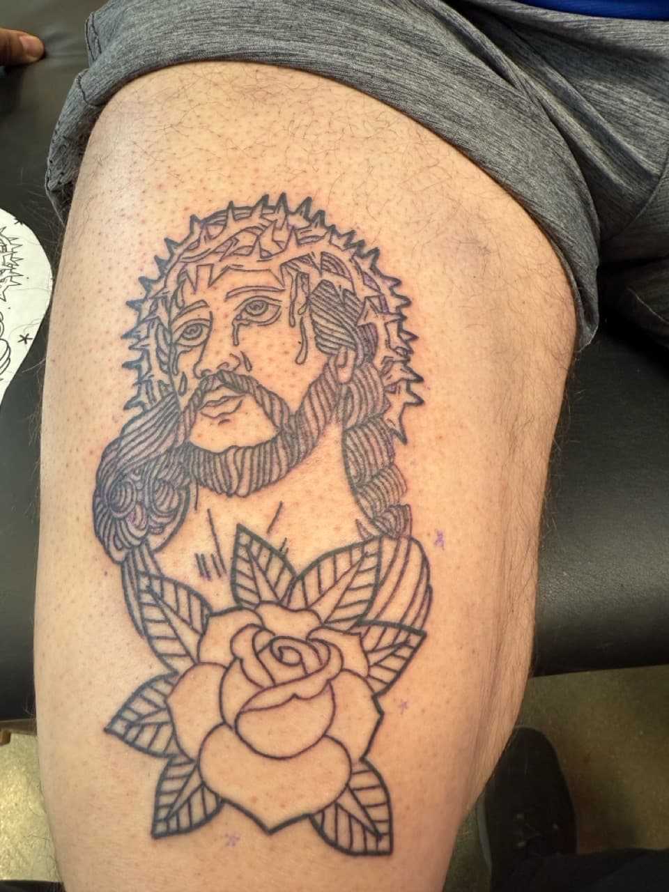 Traditional + Black-work jesus tattoo on Thigh by Matt_Mason_Tattoos on TattMe