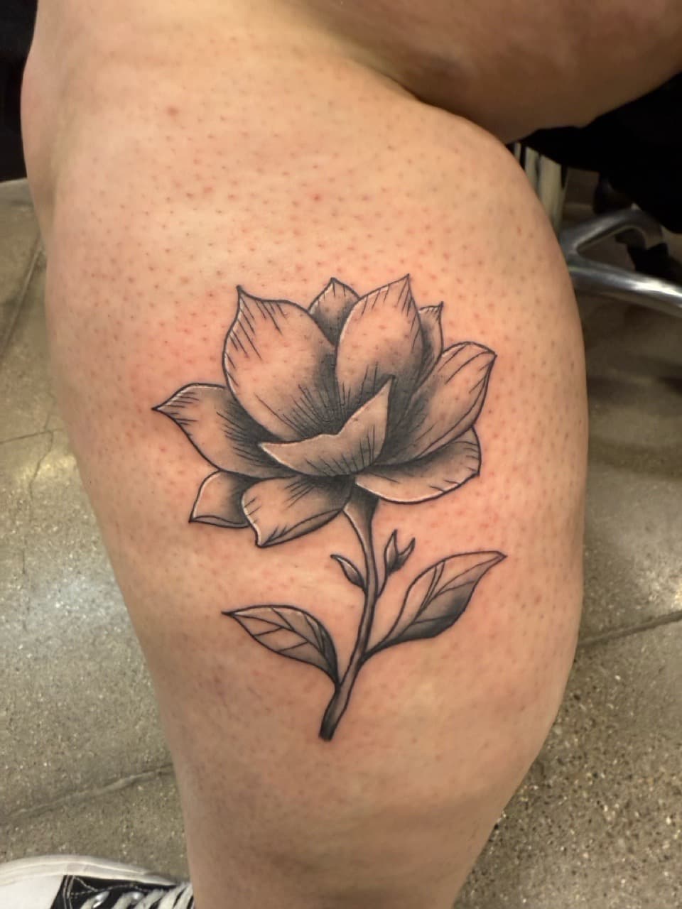 Black & Grey + Floral flower tattoo on Calf by Matt_Mason_Tattoos on TattMe