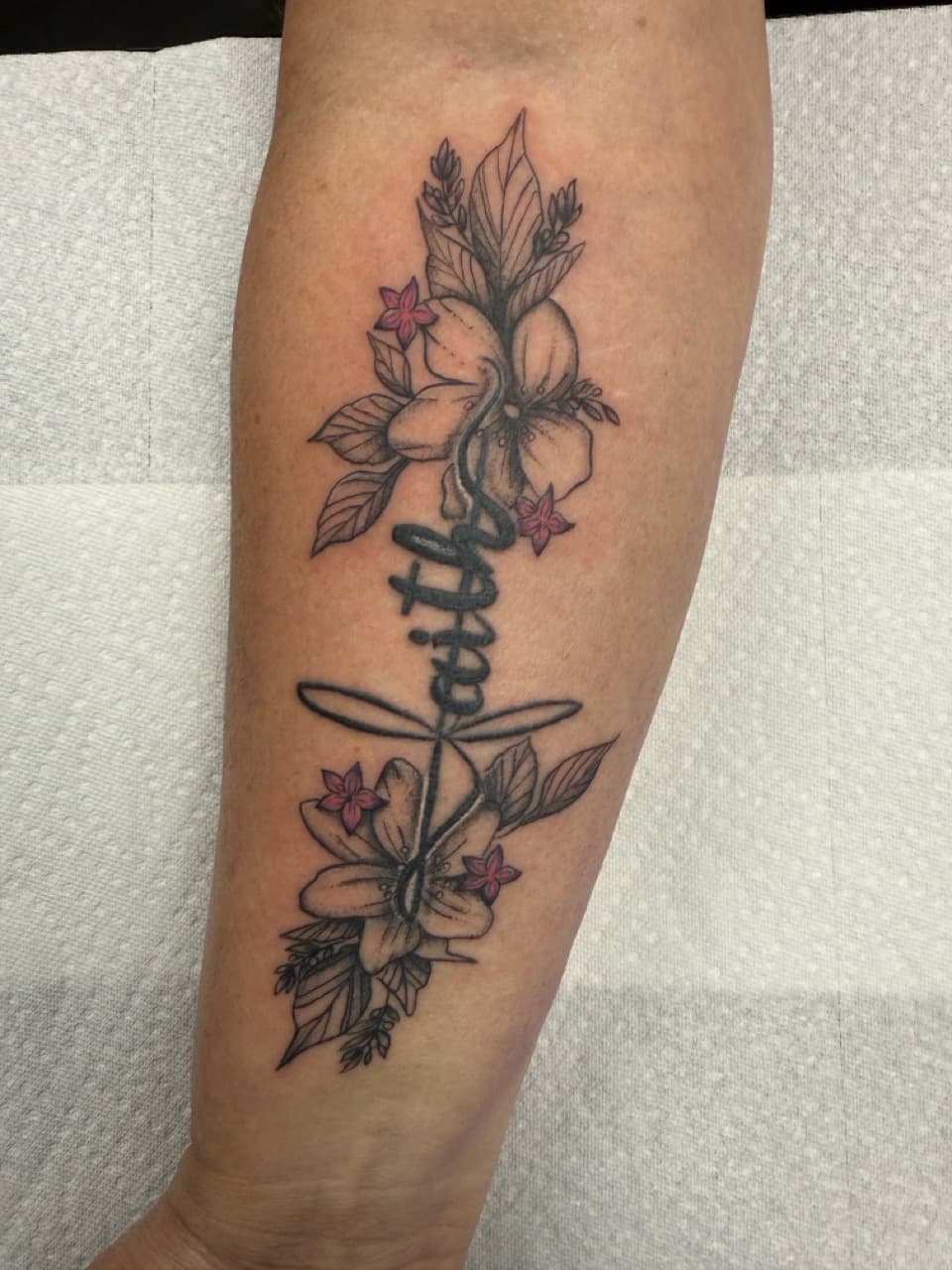 Floral + Script flowers tattoo on Forearm by Matt_Mason_Tattoos on TattMe