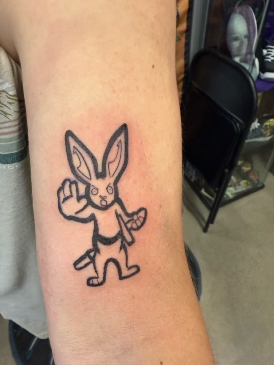 Black-work + Cartoon rabbit tattoo on Upper Arm by Matt_Mason_Tattoos on TattMe