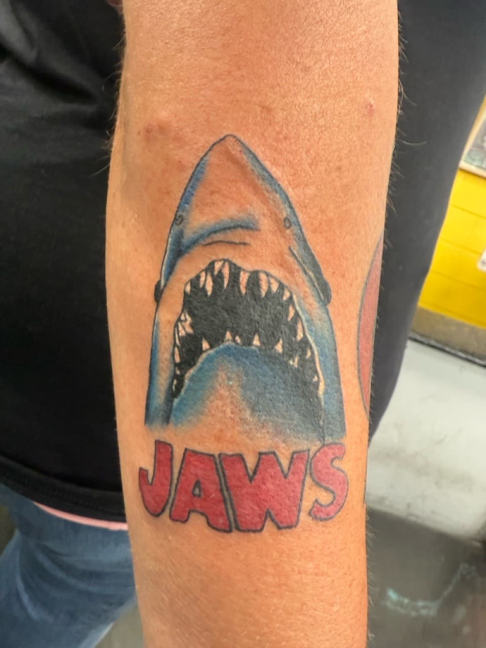Pop Culture + Color shark tattoo on Upper Arm by Matt_Mason_Tattoos on TattMe