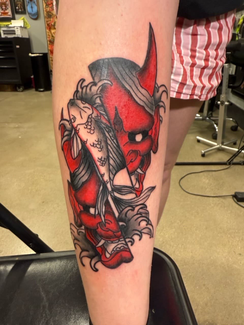 Japanese + Neo-Traditional hannya mask tattoo on Calf by Matt_Mason_Tattoos on TattMe