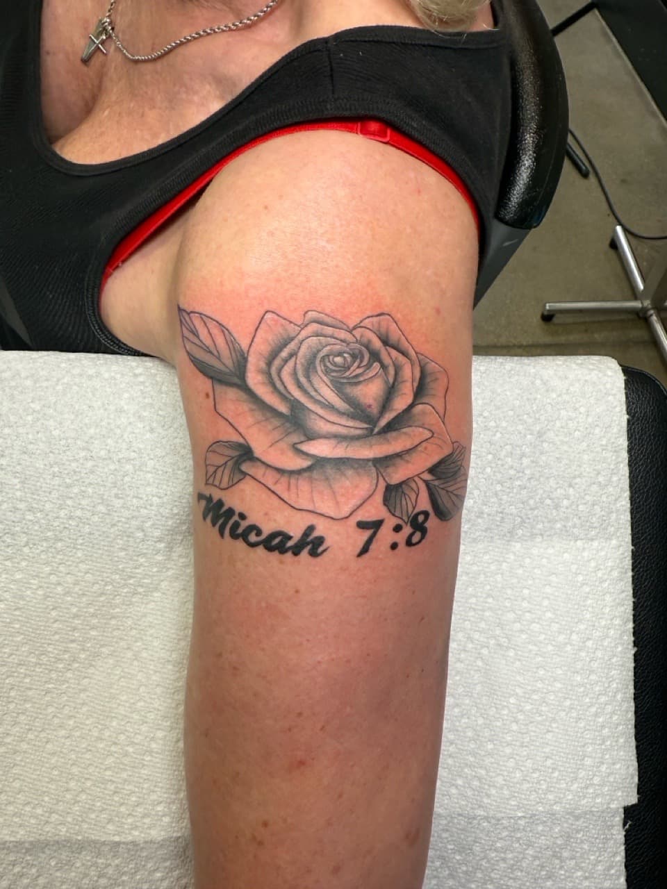 Black & Grey + Floral rose tattoo on Upper Arm by Matt_Mason_Tattoos on TattMe