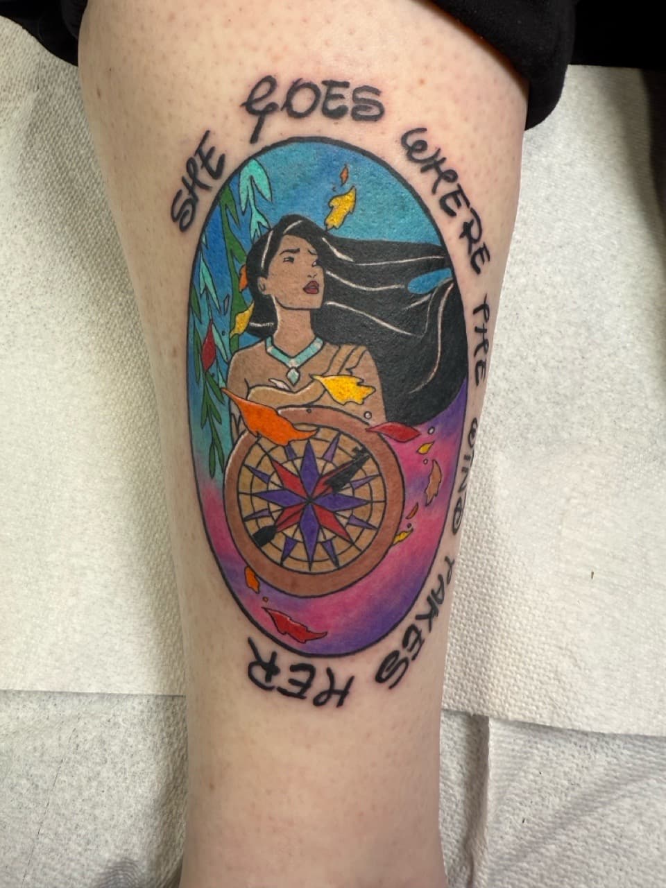 New School + Color pocahontas tattoo on Calf by Matt_Mason_Tattoos on TattMe