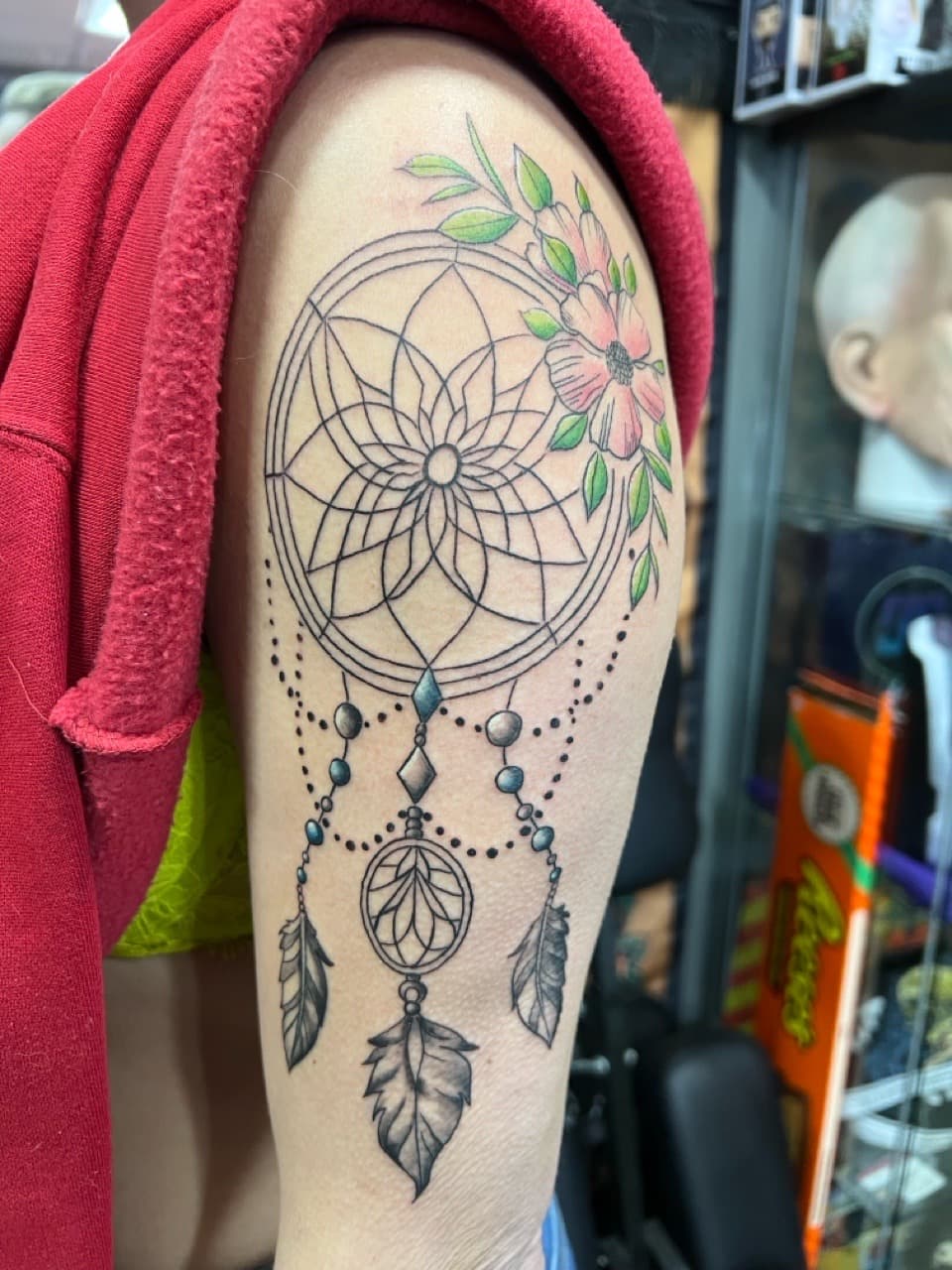 Fine Line + Floral dreamcatcher tattoo on Upper Arm by Matt_Mason_Tattoos on TattMe