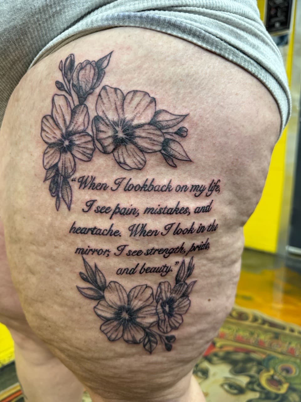 Floral + Lettering flowers tattoo on Thigh by Matt_Mason_Tattoos on TattMe