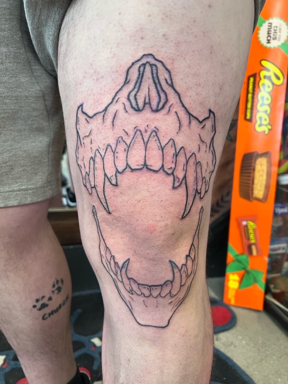 Line-work skull tattoo on Knee by Matt_Mason_Tattoos on TattMe