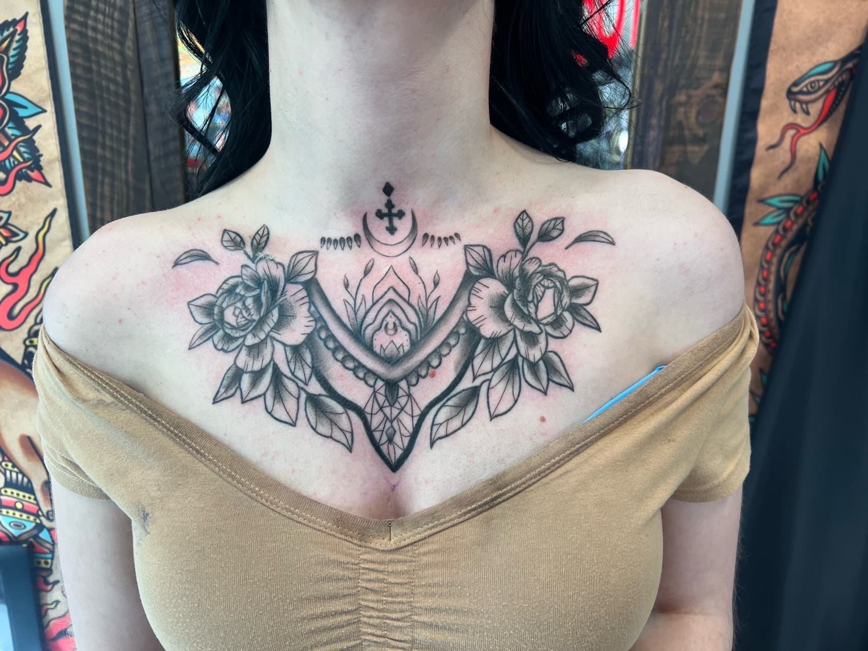 Black & Grey + Fine Line roses tattoo on Sternum by Matt_Mason_Tattoos on TattMe
