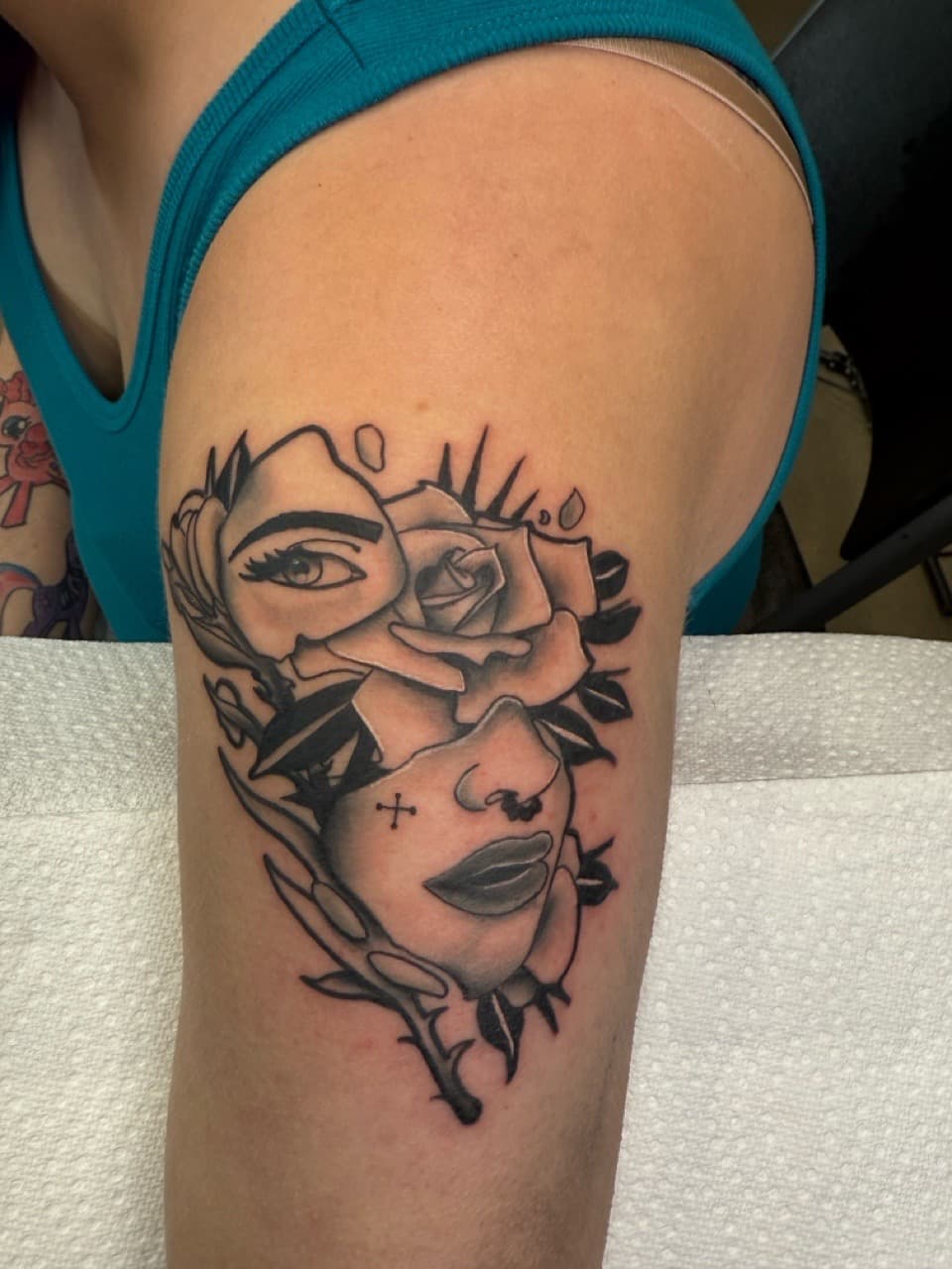 Black & Grey + Illustrative rose tattoo on Upper Arm by Matt_Mason_Tattoos on TattMe