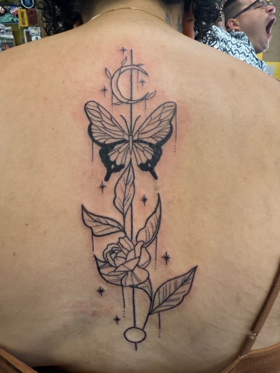 Fine Line + Black-work butterfly tattoo on Upper Back by Matt_Mason_Tattoos on TattMe