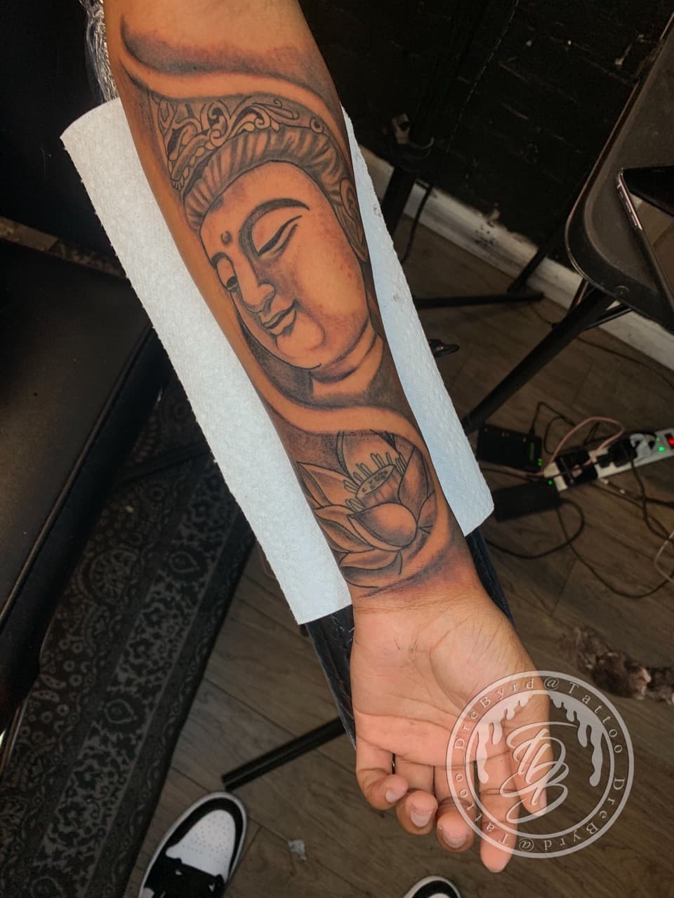 Black & Grey + Illustrative buddha tattoo on Forearm by TattooDrebyrd on TattMe