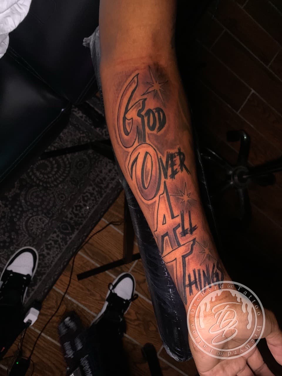 Lettering + Black & Grey god tattoo on Forearm by TattooDrebyrd on TattMe