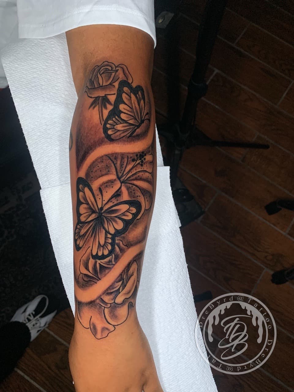 Black & Grey + Floral butterflies tattoo on Forearm by TattooDrebyrd on TattMe