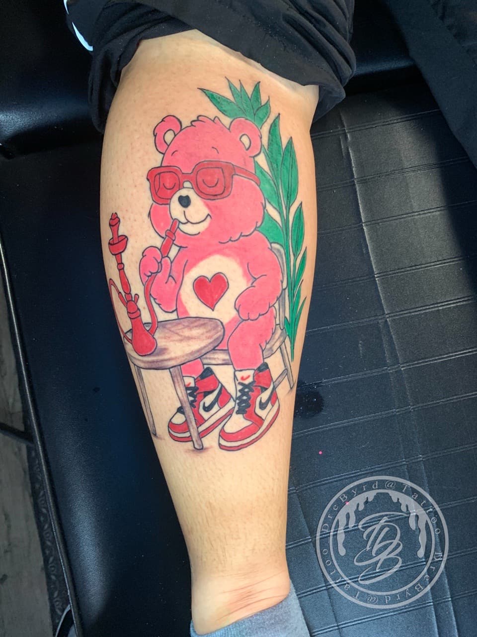 Color + Cartoon pink bear tattoo on Calf by TattooDrebyrd on TattMe