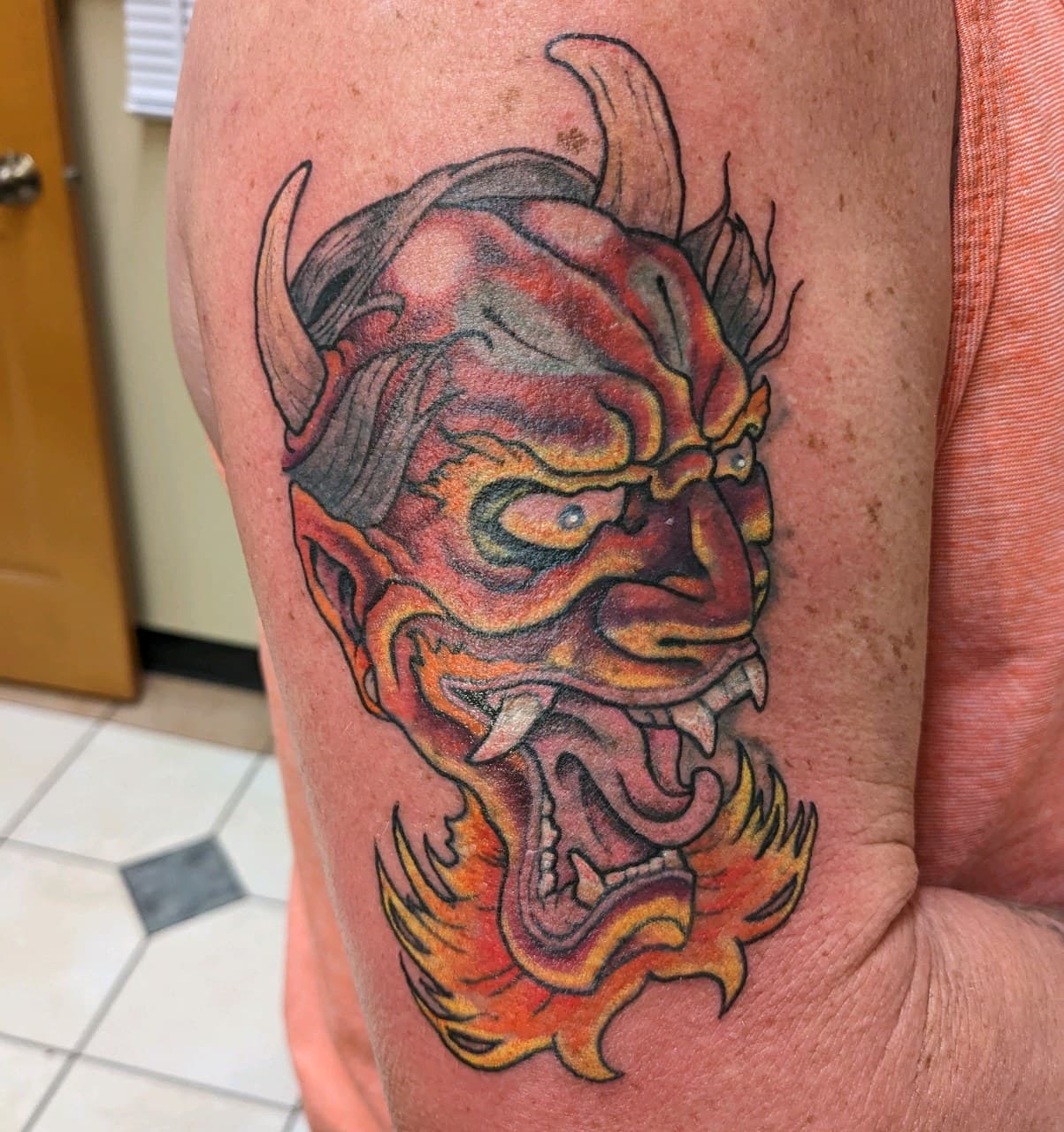 Japanese + Color demon tattoo on Upper Arm by affiliatedtattoofamily on TattMe