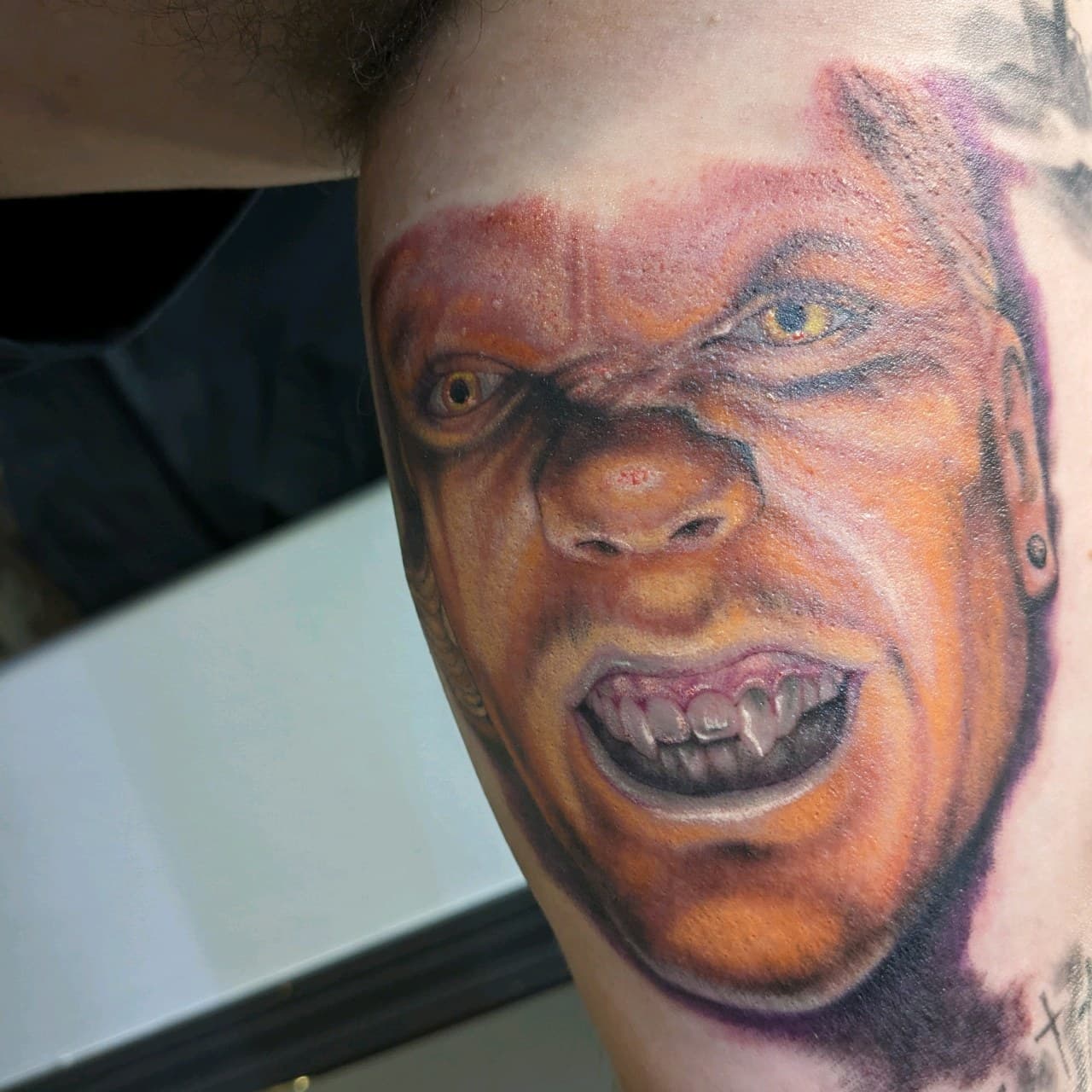 Realism + Color monster tattoo on Upper Arm by affiliatedtattoofamily on TattMe