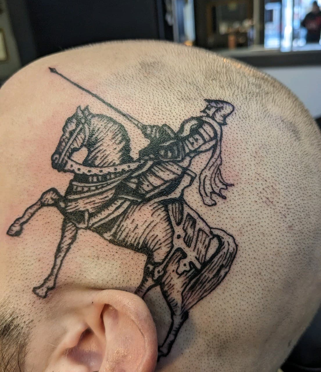 Black & Grey + Illustrative knight tattoo on Scalp by affiliatedtattoofamily on TattMe