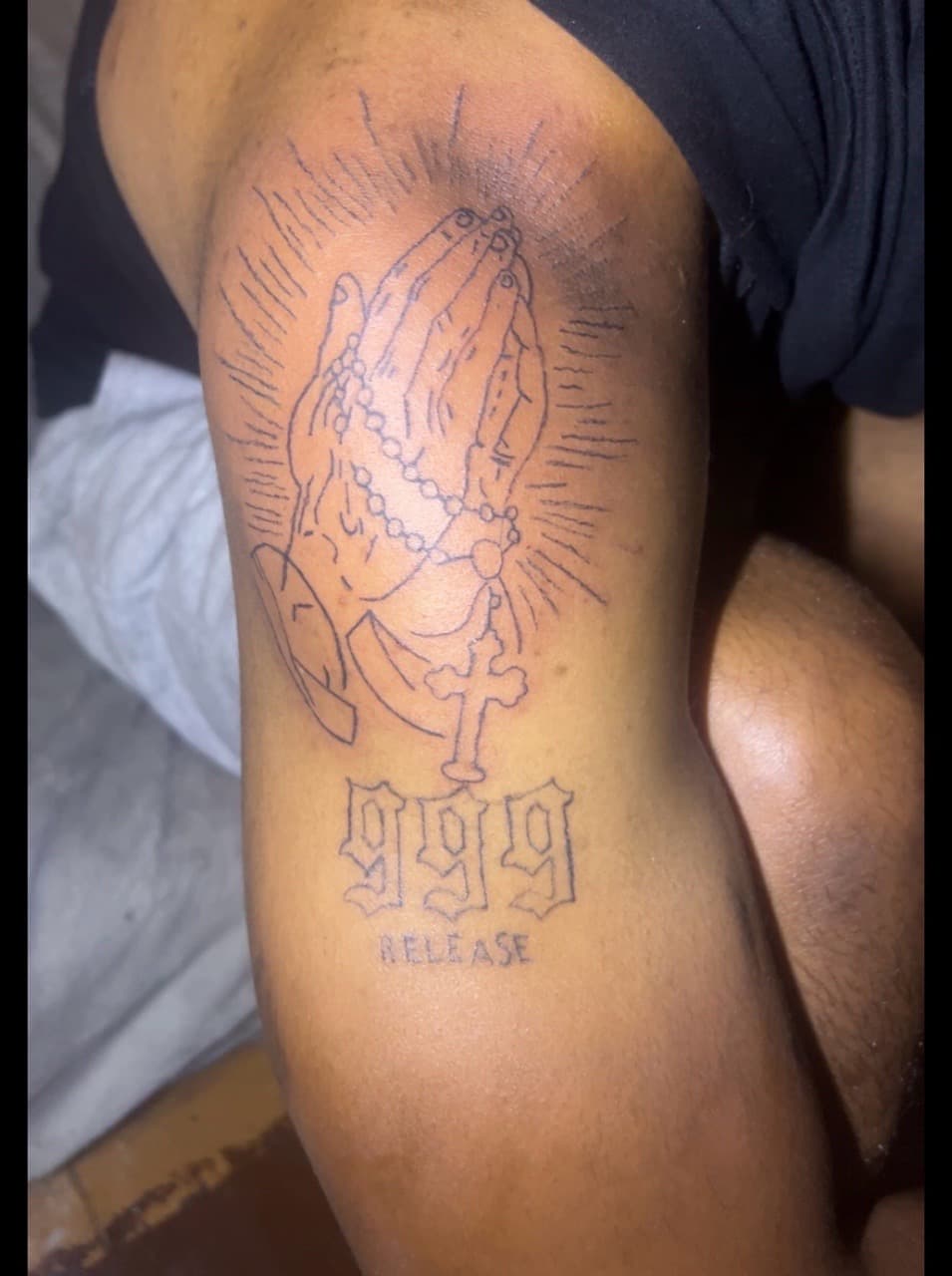 Fine Line + Line-work praying hands tattoo on Upper Arm by gages_works on TattMe