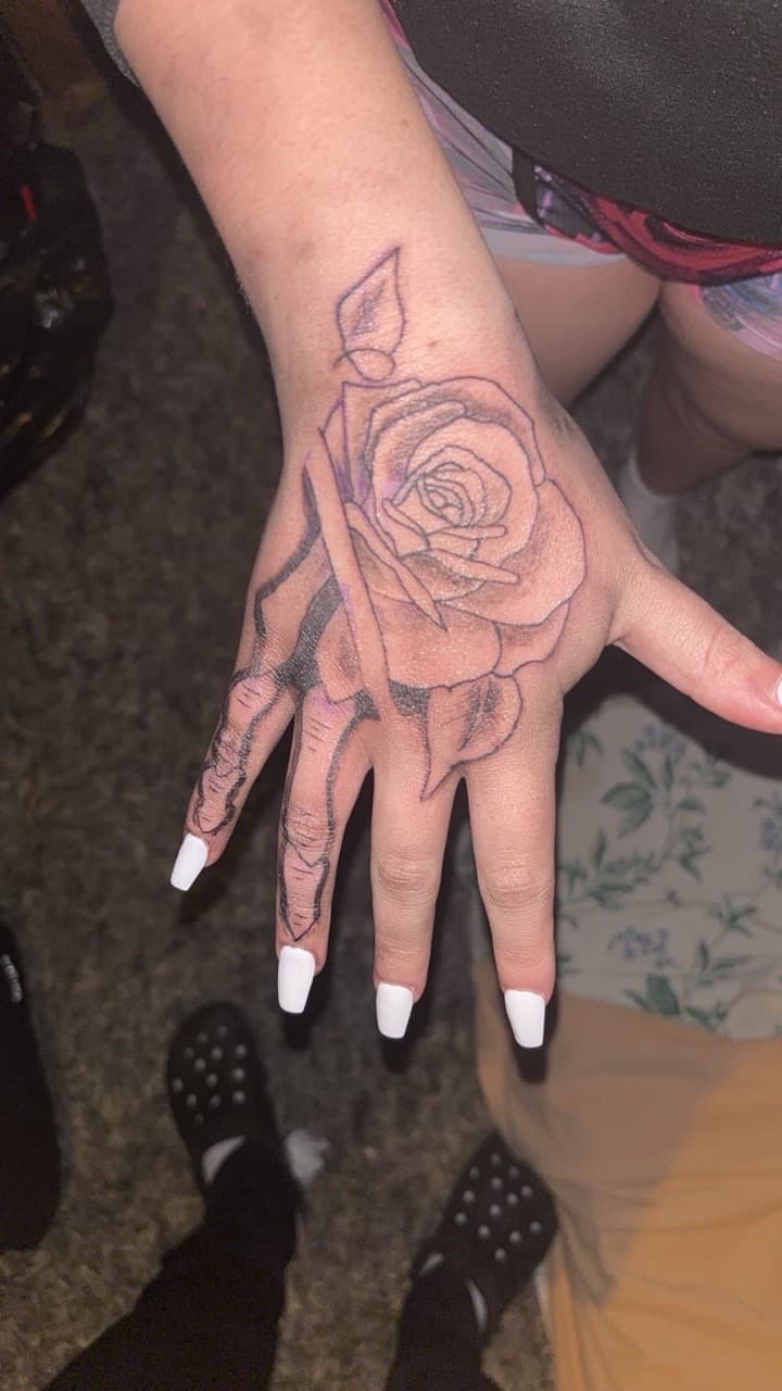 Floral + Line-work rose tattoo on Hand by gages_works on TattMe