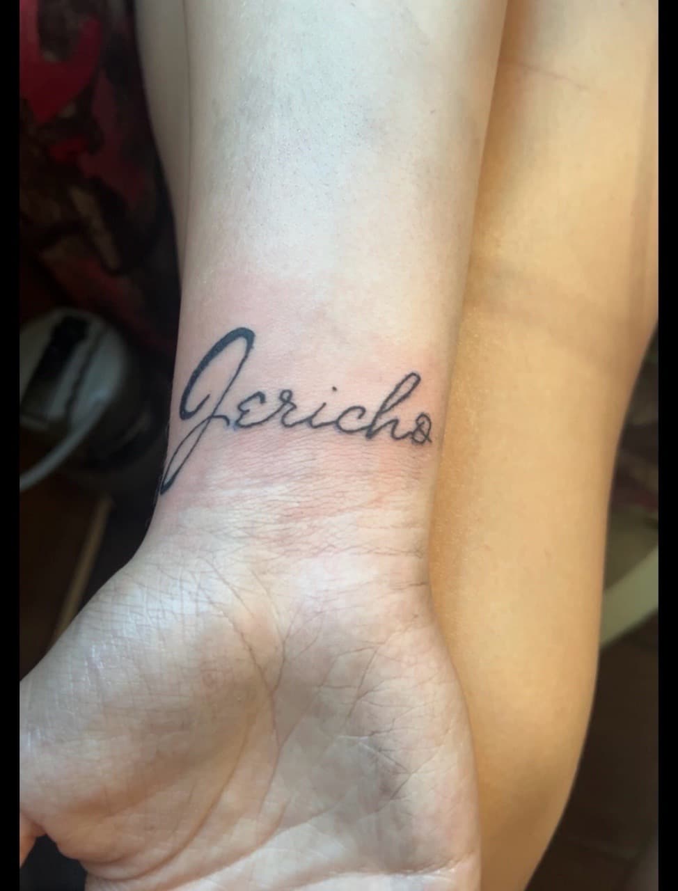 Script + Lettering jericho tattoo on Wrist by gages_works on TattMe