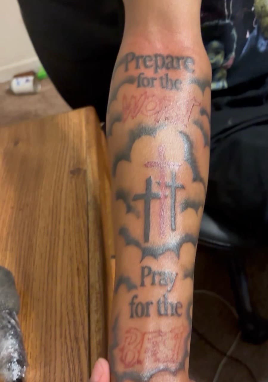 Lettering + Black & Grey crosses tattoo on Forearm by BreezyInk on TattMe