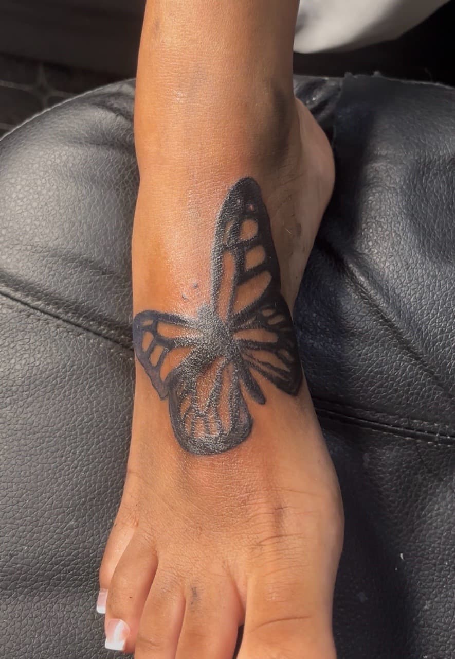 Black-work + Line-work butterfly tattoo on Foot by BreezyInk on TattMe