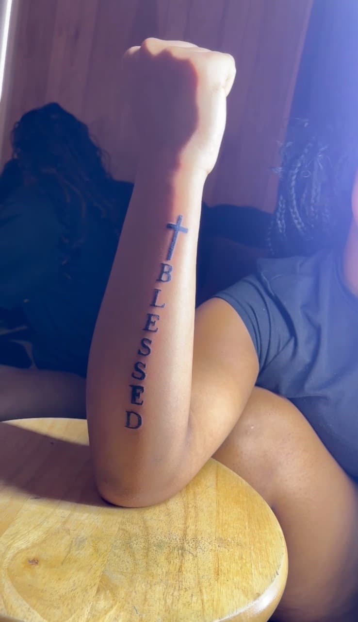 Lettering + Black-work cross tattoo on Forearm by BreezyInk on TattMe