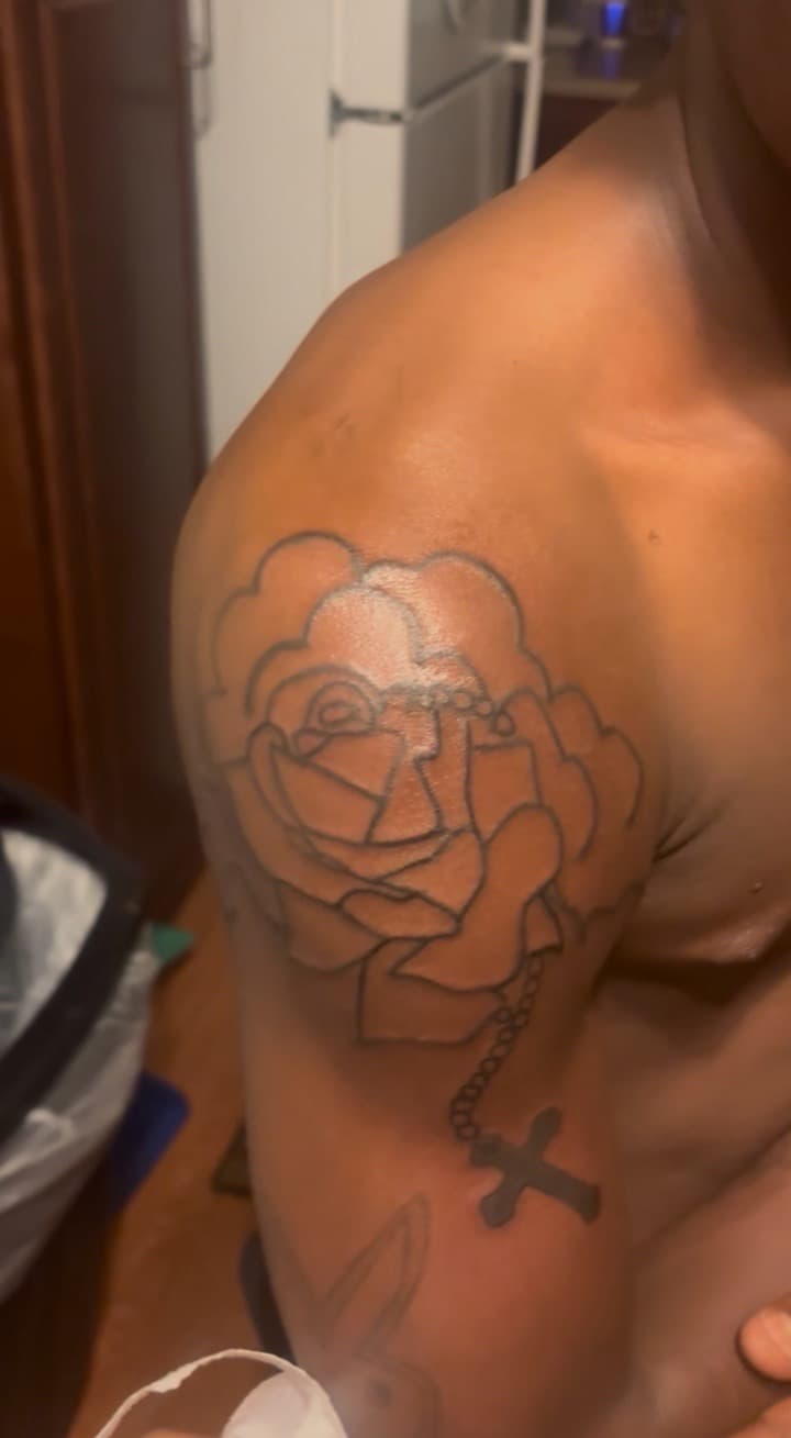 Line-work + Floral rose tattoo on Shoulder by BreezyInk on TattMe