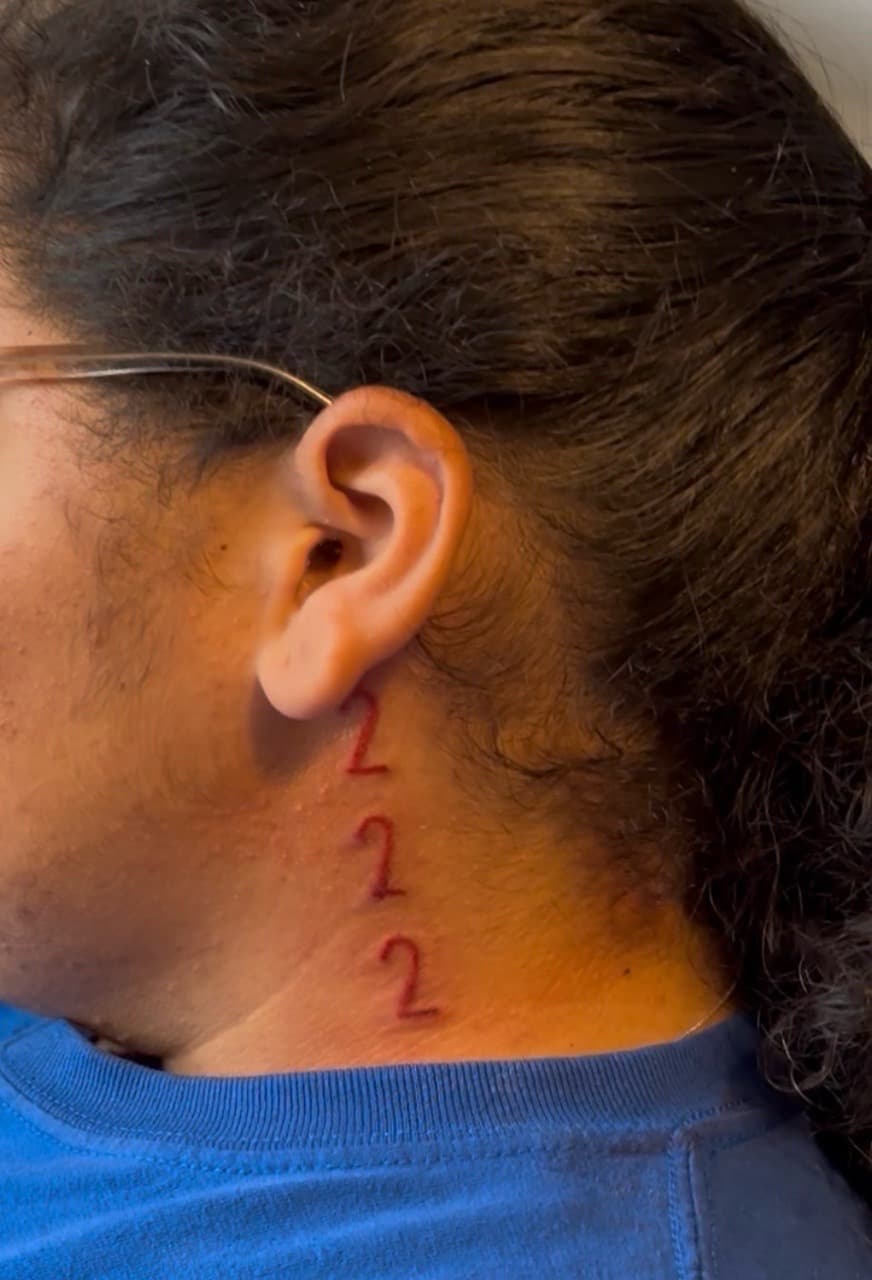Lettering + Fine Line numbers tattoo on Neck (Side) by BreezyInk on TattMe