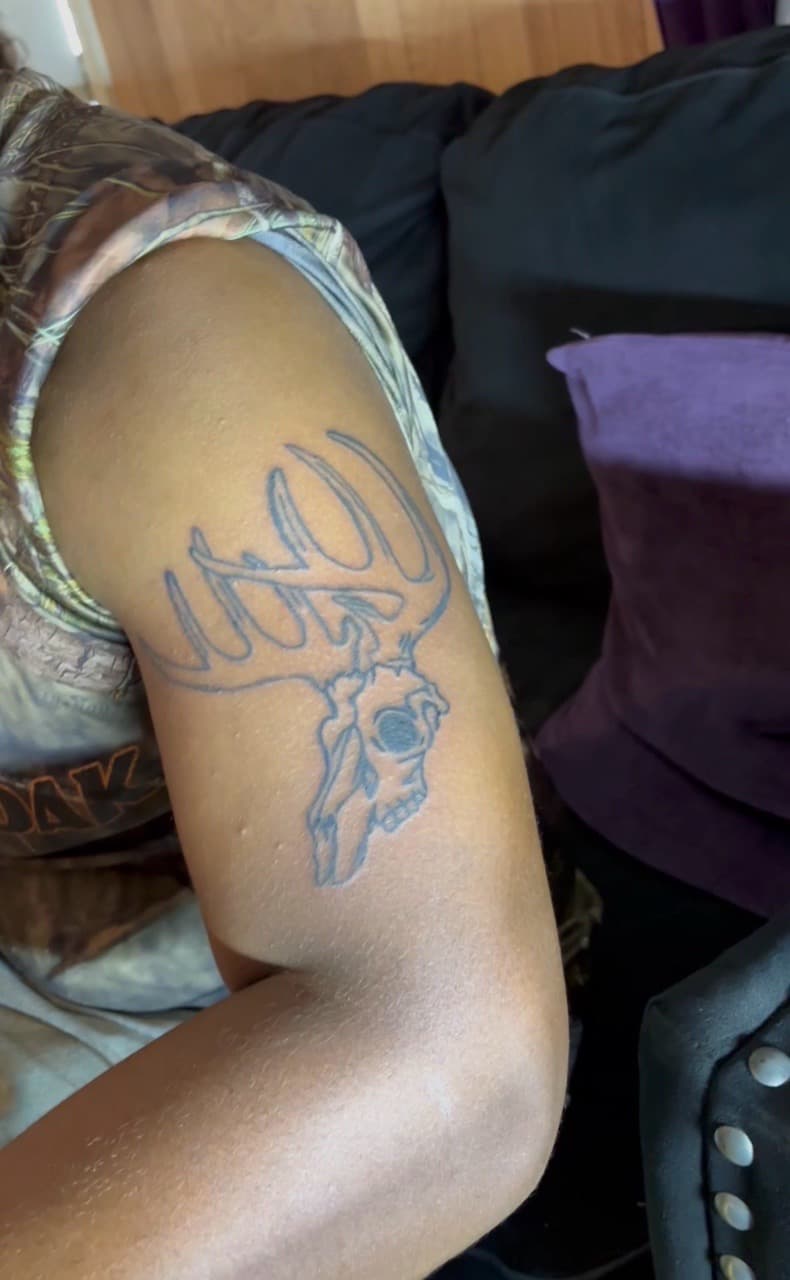 Black-work + Line-work deer tattoo on Upper Arm by BreezyInk on TattMe
