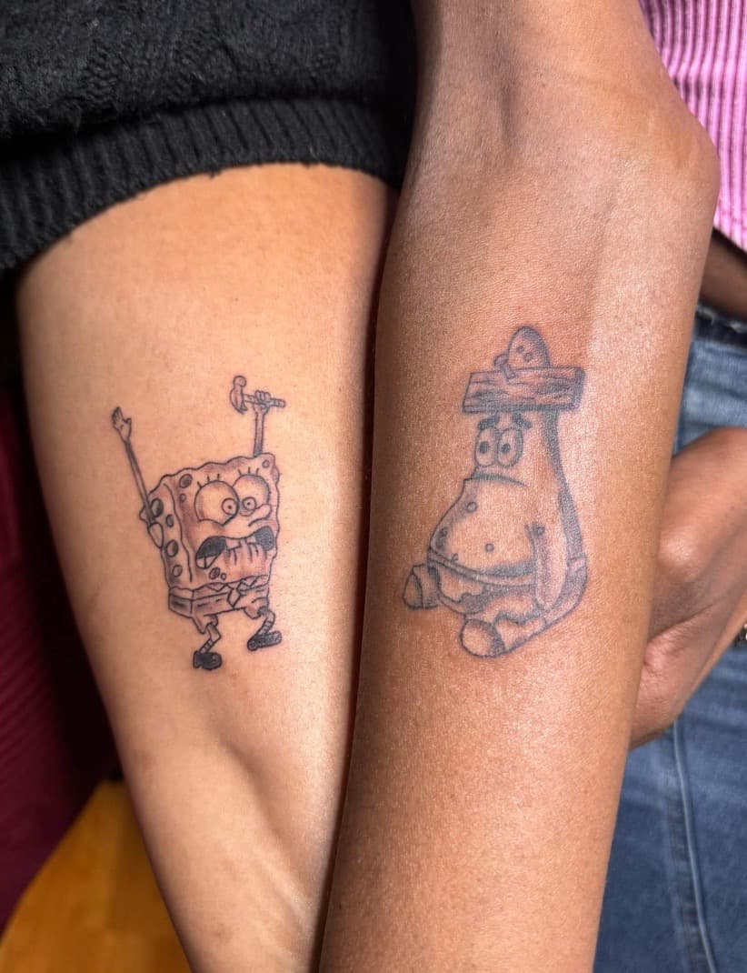 Fine Line + Black-work spongebob tattoo on Upper Arm by KRUZ_TATTOOS on TattMe