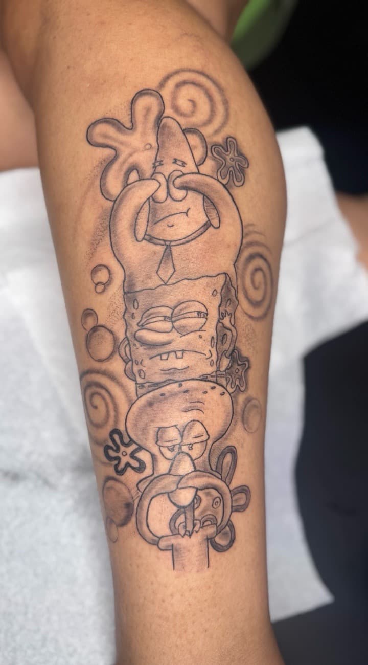 Black & Grey + Illustrative spongebob tattoo on Calf by KRUZ_TATTOOS on TattMe