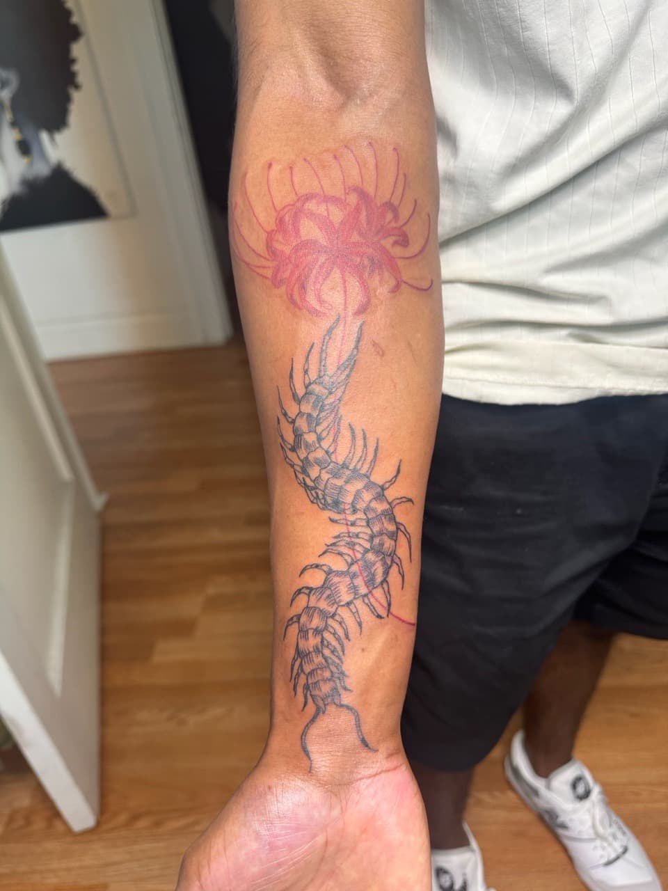 Black-work + Illustrative centipede tattoo on Forearm by KRUZ_TATTOOS on TattMe