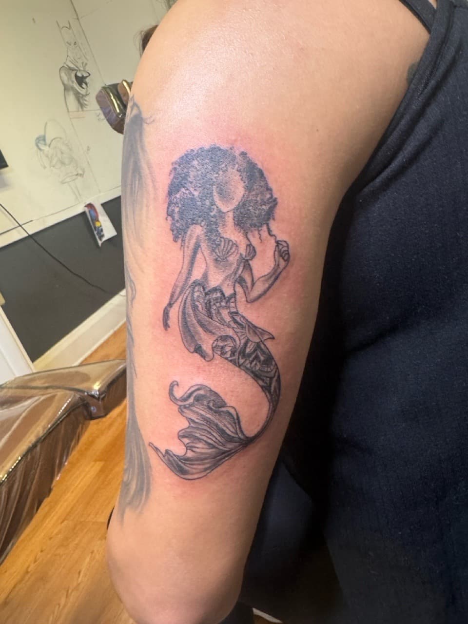 Black & Grey + Dot-work mermaid tattoo on Upper Arm by KRUZ_TATTOOS on TattMe