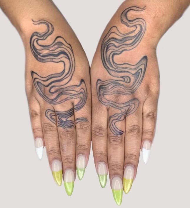 Fine Line + Black-work smoke tattoo on Hand by KRUZ_TATTOOS on TattMe