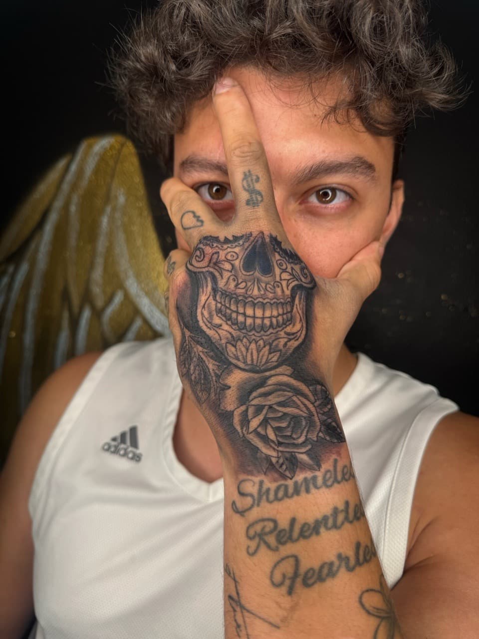 Black & Grey + Illustrative sugar skull tattoo on Hand by KRUZ_TATTOOS on TattMe