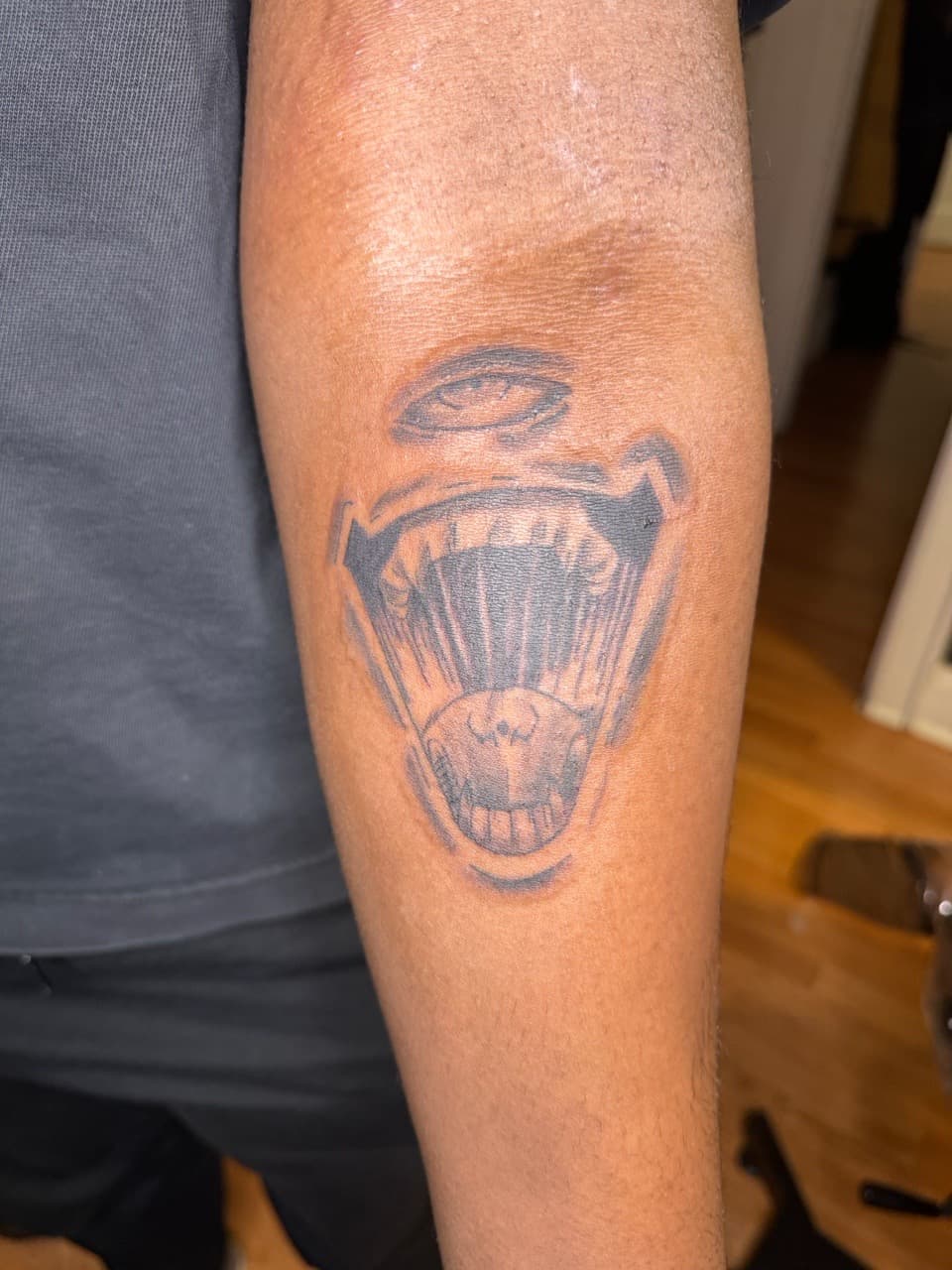 Black & Grey + Illustrative mouth tattoo on Elbow by KRUZ_TATTOOS on TattMe
