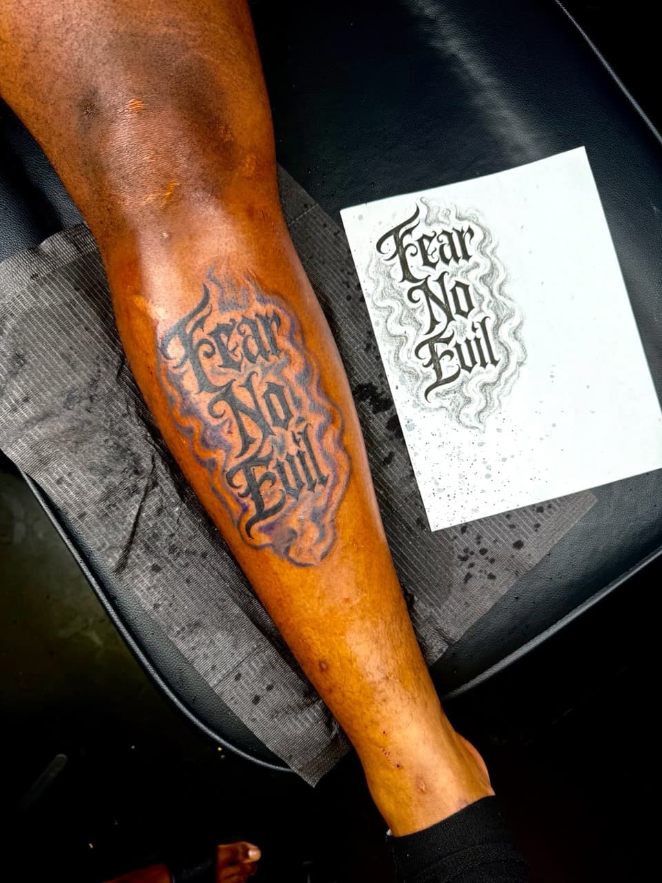 Lettering + Script fear no evil tattoo on Calf by JST on TattMe