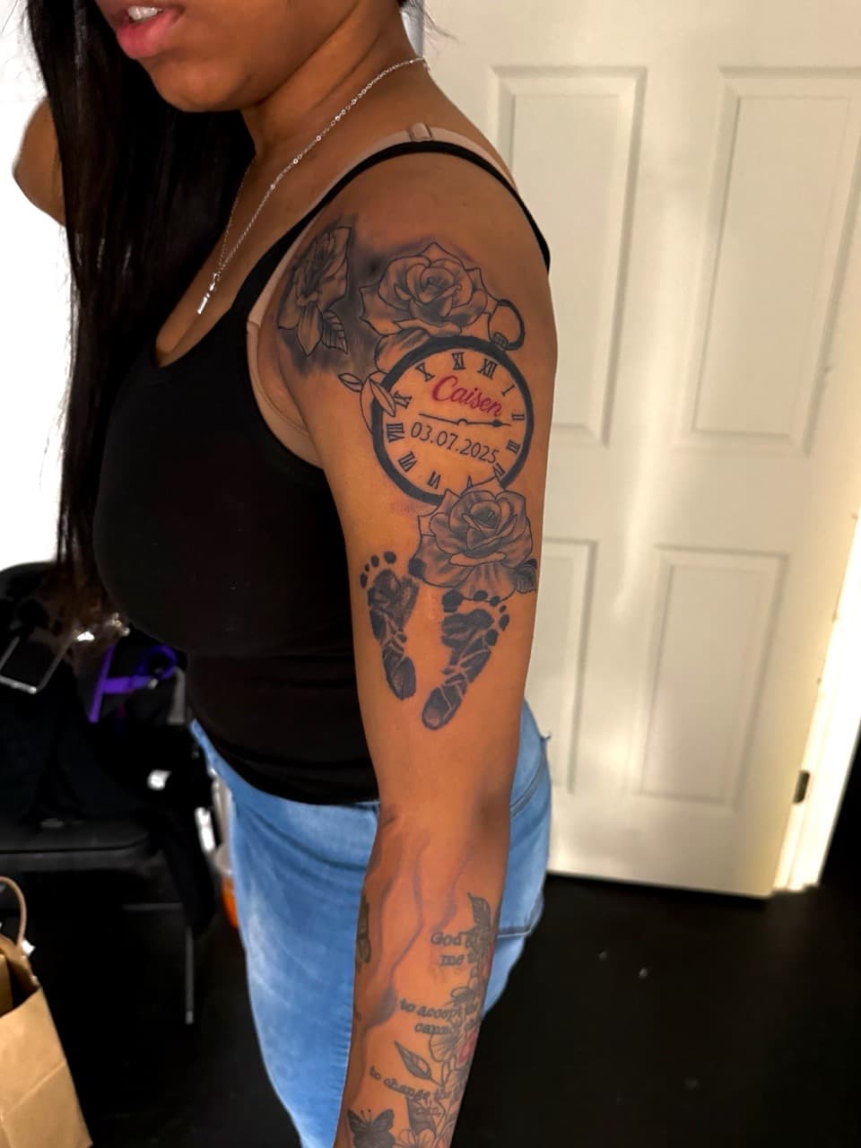 Black & Grey + Fine Line roses tattoo on Upper Arm by JST on TattMe