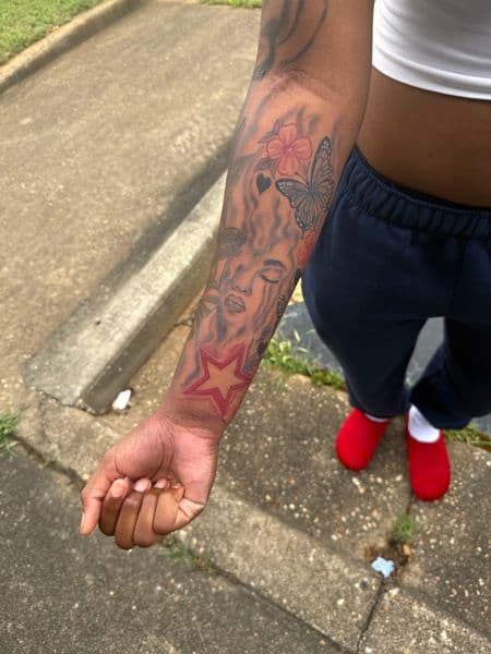 Fine Line + Color butterfly tattoo on Forearm by JST on TattMe