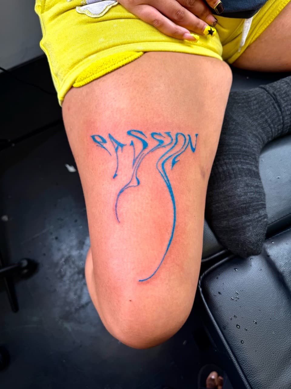 Lettering + Script passion tattoo on Thigh by JST on TattMe