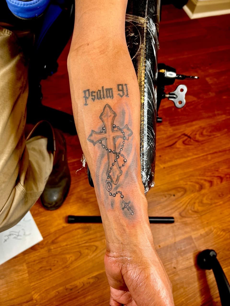 Black & Grey + Lettering cross tattoo on Forearm by JST on TattMe