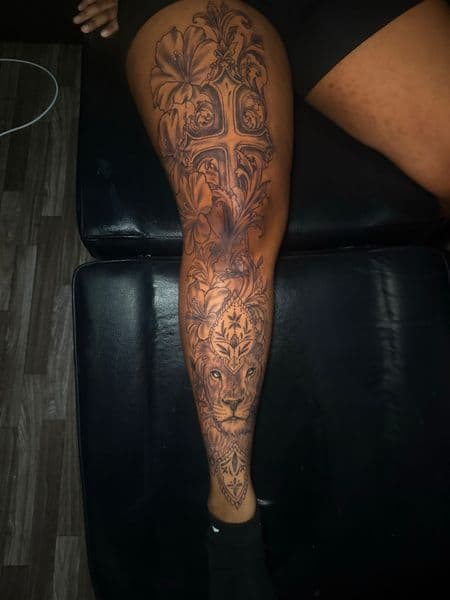 Black & Grey + Illustrative cross tattoo on Full Leg Sleeve by JST on TattMe
